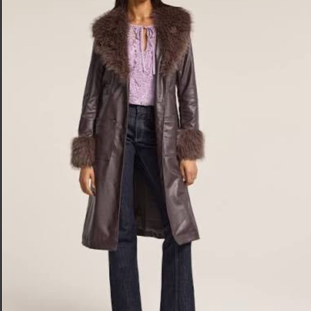 Anna Sui for Old Navy Brown Leather Trench Coat with Fur Collar & Cuffs